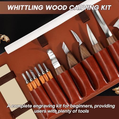 17Pcs DIY Wood Carving Tools, 6 Whittling Knives, 5 Detail Carving Knives - color: Brown02