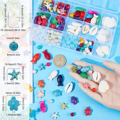 SUNNYCLUE 1 Box 200+Pcs Turtle Beads Starfish Beads Bulk Bohemian Style Natural Shell Charms Colorful Fish Charm Summer Ocean Sea Animal 8mm Round Glass Spacers for Jewelry Making Beading Kits - color: Boho Styles Beads Kit-2