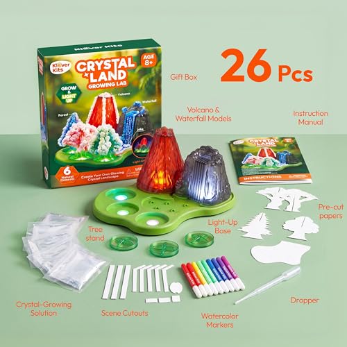 JOVA Klever Kits Crystal Land Growing Lab- Craft Kits for Kids Aged 8+ Science Gifts with 6 Unique Natural Elements and Light-Up Base, STEM Activities Birthday Gift