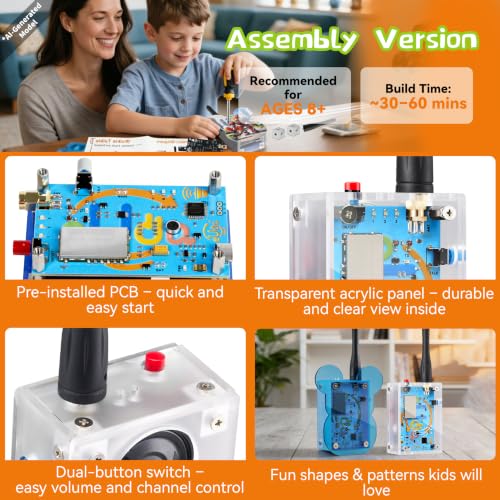 eUda+ STEM Walkie-Talkies Kit Stem Toys for Ages 8-13-15-18+ Building Toys for Boys Age 8-12-14-16-17+ Science Experiments for Kids 9-12 DIY Kits for Kids Teenage Girl Gifts (Assembly Version, BTB) - size: Assembly Version, Bear-Transparent Blue (BTB)