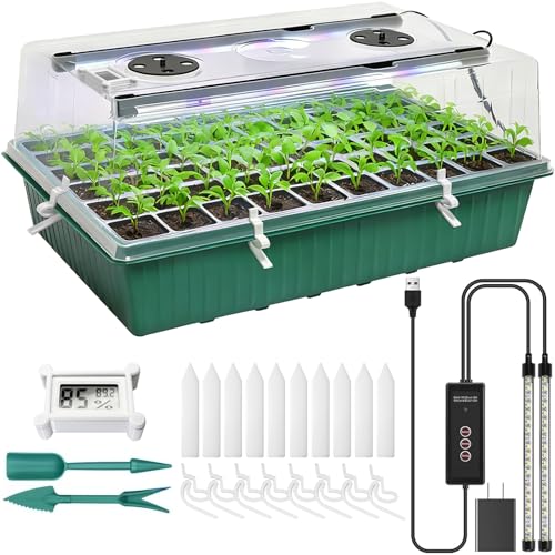 Seed Starter Tray with Grow Light,60-Cell Seedling Starter Kit with 4.07'' Humidity Dome,Plant Germination Trays for Indoor Seeds Starting,Magnetic Hygrometer & Locking Fasteners - color: 1 Pack 60cell Green