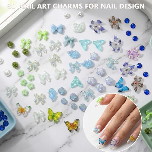 Nail Art Starter Kit with Metal Tweezers | 100Pcs Cute 3D Charms Like Bows, Butterflies, Chains & Stars | Gold & Silver Nail Rhinestones for Manicure, Junk Journaling