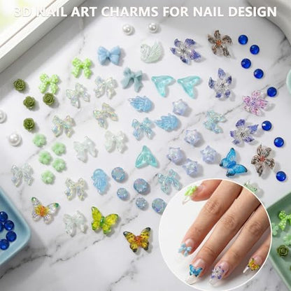 Nail Art Starter Kit with Metal Tweezers | 100Pcs Cute 3D Charms Like Bows, Butterflies, Chains & Stars | Gold & Silver Nail Rhinestones for Manicure, Junk Journaling