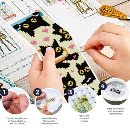 ACRNIGHEET 6PCS Cross Stitch Bookmark Kit for Beginner Stamped Cross Stitch Kits for Adults Naughty Black Cat DIY Tassel Embroidery Bookmark Kits Needlepoint Kit with Instructions Gift 8.5''x3'' 11CT - style: Cat Patterns
