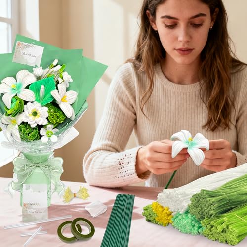 LINAYE 500 PCS Pipe Cleaners Craft, 6 Colors Pipe Cleaners Flowers Kit, Chenille Stems for Crafts with Instruction Wrapping Paper, Flower Stamens, Stems Art and Craft Supplies Green - color: Green