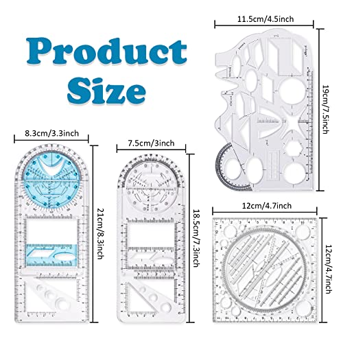 4 Pack Multifunctional Geometric Ruler, Mathematics Measuring Tool Draft Rulers Set, Rotatable Circular Drawing Template Ruler for Student Studying Designing Office Supplies (4 Styles)