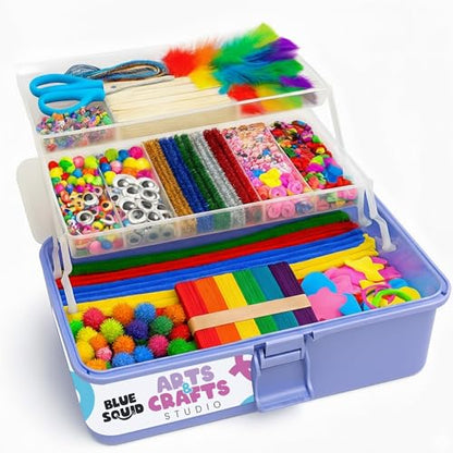 Blue Squid Arts & Crafts Box (Purple)- 2800+ pcs Deluxe Craft Supplies Box, 2 Drawers, 18 Compartments, Sturdy Handle - Art Crafting Kit Birthday Gifts for Kids, School Supply for Ages 4-12 - color: Craft Box Purple