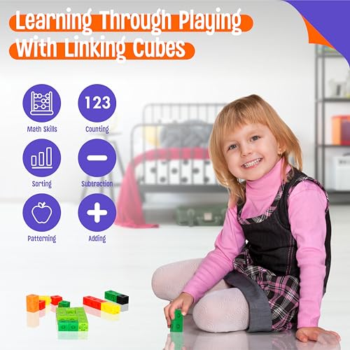 100 Math Linking Cubes, Math Cubes with 320 Reusable Stickers Manipulative Geometric Shapes Connecting and Counting Snap Blocks for Early Math & Construction, Educational Toy for Preschool, Homeschool - style: 100-Cubes+320 Stickers