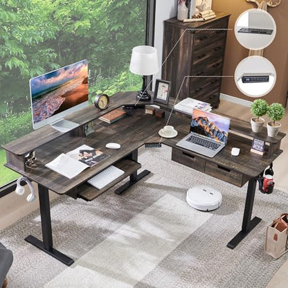 RedLemon 60 Inches L Shaped Electric Standing Desk, Dark Rustic Oak - color: Dark Rustic Oak, size: 60"X60"