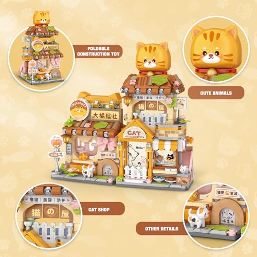 Street View Cute Cat Shop Mini Building Blocks, MOC Creative Building Toys Cute Animals Building Set for Girls 6-12, Simulation Architecture Construction Toy, Gift Idea for Kids Adults (917 PCS) - style: Cat Shop