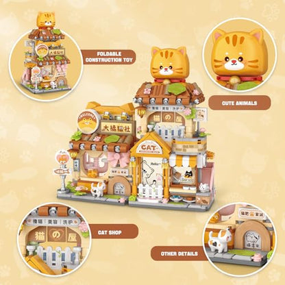 Street View Cute Cat Shop Mini Building Blocks, MOC Creative Building Toys Cute Animals Building Set for Girls 6-12, Simulation Architecture Construction Toy, Gift Idea for Kids Adults (917 PCS) - style: Cat Shop