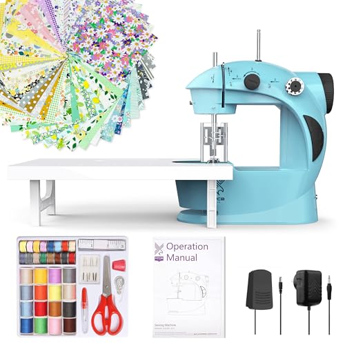 Sewing Machine for Beginners with Fabrics&Finger Guard, Mini Size - color: Blue & Black