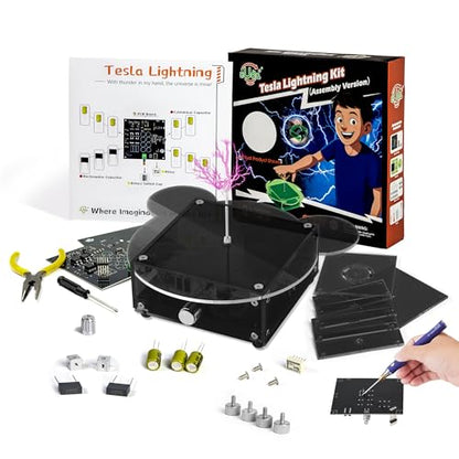 eUda+ STEM Tesla Lightning Kit for Kids&Adults Toys for 12 Year Old Boys Build Your Tesla Coil Kit Stem Kits for Kids Age 14-16 Girls Soldering Practice Kit for Beginners 12+ (Soldering Version, BTG) - size: Rectangular-Transparent Grey (RTG)
