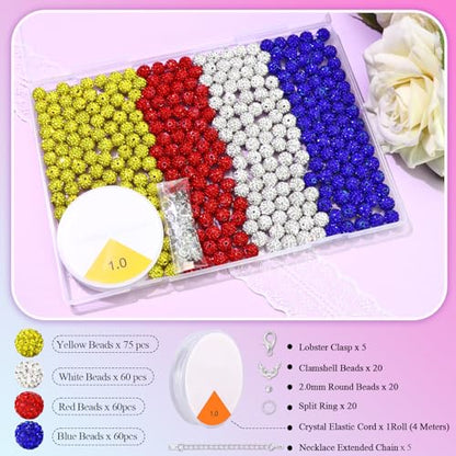 Dowarm 255PCS 10mm Rhinestone Beads for Baseball Necklace Bracelet Jewelry Making, Round Rhinestone Clay Beads for Craft Beaded Pen, Shamballa Pave Diamond, Yellow|Red|Blue|White - color: 12-Yellow | Red | Blue | White