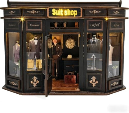 Book Nook Kit LED Wooden Miniature Suit Shop, 3D DIY Dollhouse Assembly Model with Crafted Interior, Creative Hobby Building Set for Adults - style: Suit Shop