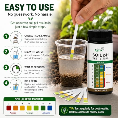 Soil pH Test Kit, 100 Test Strips, pH 3-9 for Garden and Lawn