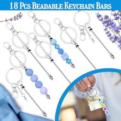 18 Pack Beadable Keychains Bars DIY Blank Beadable Keychains Metal Beaded Keychain Sliver Beads Keychain Making Kit for DIY Crafts Supplies Jewelry Making Gift - style: 18 Pack - Silver