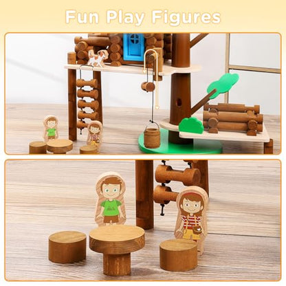SainSmart Jr. 2-Tier Wooden Tree House Building Set – Educational Gift for Kids, Creative STEM Toy with Cabins and Interchangeable Leaves, STEM Retro Classic Toy Compatible with Lincoln Logs - style: 2-Tier Tree House - 84 Pcs