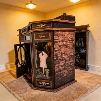 Book Nook Kit LED Wooden Miniature Suit Shop, 3D DIY Dollhouse Assembly Model with Crafted Interior, Creative Hobby Building Set for Adults - style: Suit Shop