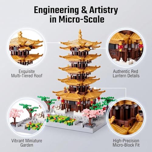 JXRLMB Chinese Ancient Famous Architecture Micro Building Blocks Set for Adults Yellow Crane Tower with Sakura Tree Cherry Plants, Toys for Kids Age of 14+ 2200 pcs - color: Chinese Yellow Crane Tower