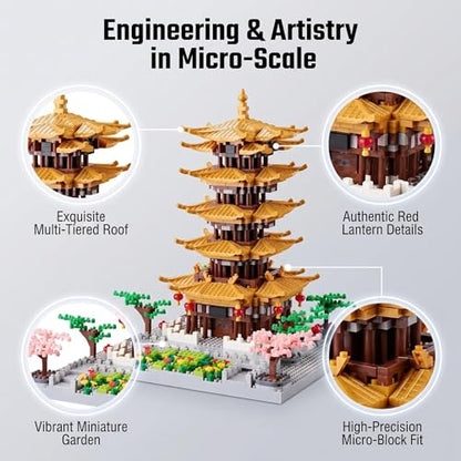 JXRLMB Chinese Ancient Famous Architecture Micro Building Blocks Set for Adults Yellow Crane Tower with Sakura Tree Cherry Plants, Toys for Kids Age of 14+ 2200 pcs - color: Chinese Yellow Crane Tower