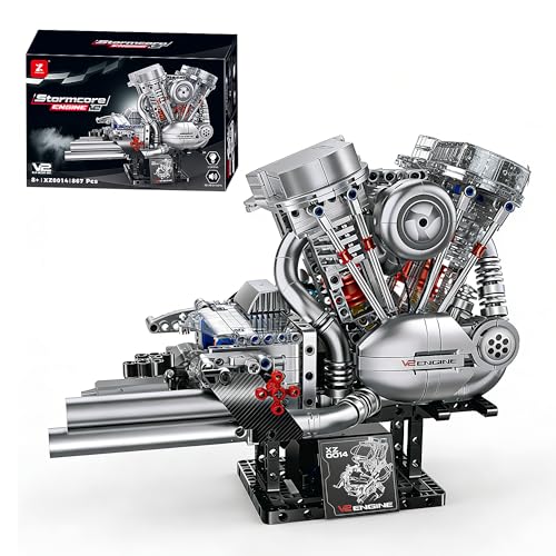 V-Twin Motorcycle Engine Model Kit that Runs, 867 Pcs STEM Block Set - style: 4-V-Twin-Two