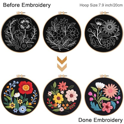 Louise Maelys 3 Pack Floral Embroidery Kit for Beginners, Washable Fabric - color: florals