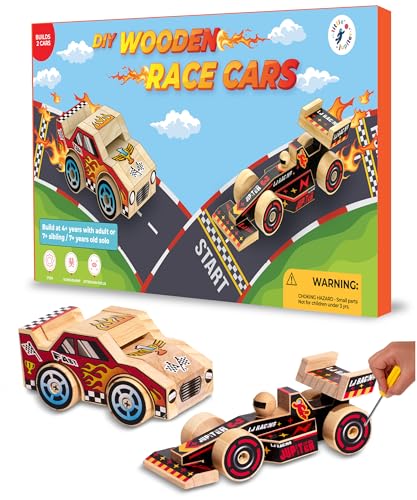 Little Jupiter DIY Wooden Kits w/Stickers - Stem Building Toys - Wood Crafts - Woodworking Kits - Wood Building Kits for Ages 4-7 Yrs (Open & Closed Wheel Race Cars) - size: Open and Closed Wheel Race Cars