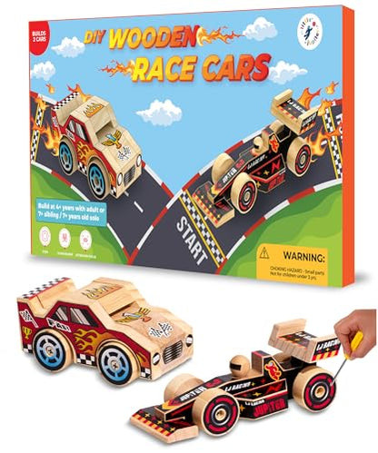 Little Jupiter DIY Wooden Kits w/Stickers - Stem Building Toys - Wood Crafts - Woodworking Kits - Wood Building Kits for Ages 4-7 Yrs (Open & Closed Wheel Race Cars) - size: Open and Closed Wheel Race Cars