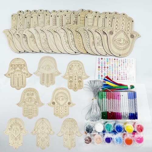 JEKEJIAJIU 24 Sets Hamsa Hand Wind Chime Kit for Kids Make You Own Hamsa Hand Craft DIY Coloring Wooden Hamsa Hand Art and Craft for Kids Gifts School Home and Party Supplies