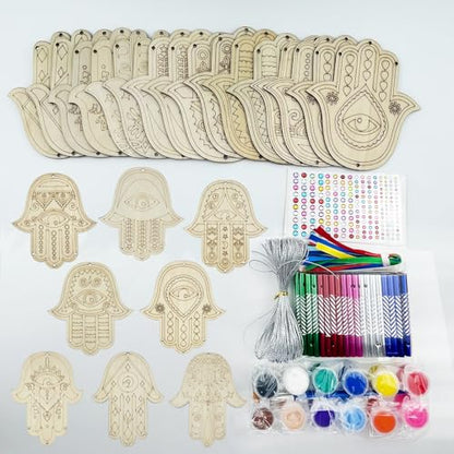 JEKEJIAJIU 24 Sets Hamsa Hand Wind Chime Kit for Kids Make You Own Hamsa Hand Craft DIY Coloring Wooden Hamsa Hand Art and Craft for Kids Gifts School Home and Party Supplies