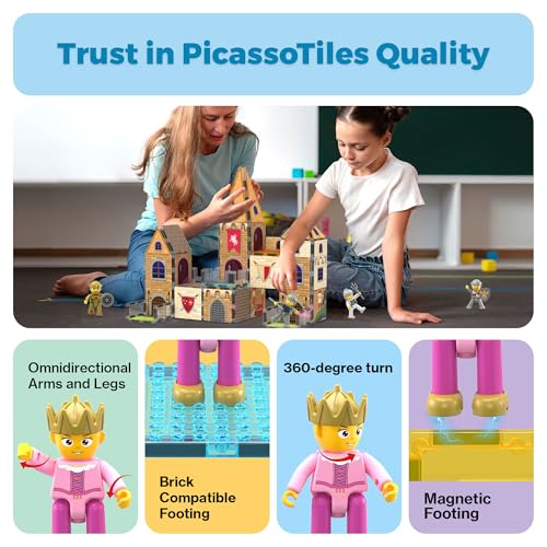 PicassoTiles 70pc Middle Age Medieval and Castle Theme Tile 2in1 8 Character Action Figures Magnet Tiles Building Block Pretend Magnetic Play Fine Motor Skill STEM Educational Construction Age3+ PTQ01 - color: Medieval and Castle