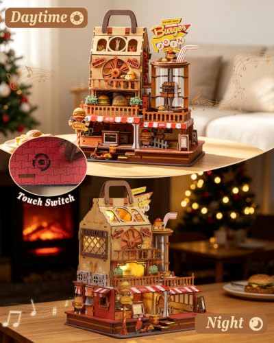 DIY Moving Miniature House Kit, 3D Wooden Puzzle Burger Joint Shop for Adults, Mechanical Model Building Kit with Music Box & LED Light Book Nook Kit