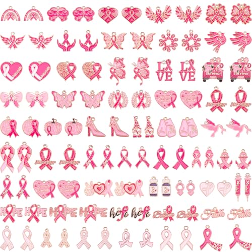 SANNIX 110Pcs Breast Cancer Charms, Pink Ribbon Charm for Jewelry Making - style: Breast Cancer Charms