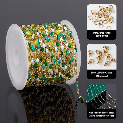 UMAOKANG Mixed Green Enamel Jewelry Chain Stainless Steel Chains Bulk - color: Gold-Green Colorful