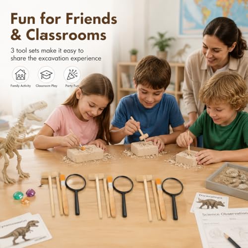 Homoyoyo Archaeology Kit for Kids Dinosaur Digging Kit with 3 Wooden Hammers 3 Wooden Chisels 3 Wood Brushes and 3 Magnifiers Educational Digging Tools for Science Learning and Hands on Play