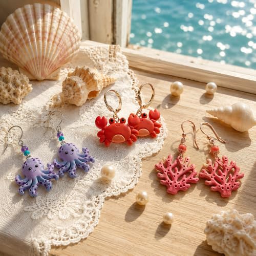 18Pcs Ocean Life Polymer Clay Cutters Set Sea Creatures Mini Clay Earring Cutters Summer Marine Animals Turtle Dolphin Jellyfish Seashell Polymer Jewelry Cutter for Earrings Crafts DIY Tool Supplies