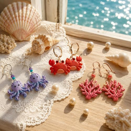 18Pcs Ocean Life Polymer Clay Cutters Set Sea Creatures Mini Clay Earring Cutters Summer Marine Animals Turtle Dolphin Jellyfish Seashell Polymer Jewelry Cutter for Earrings Crafts DIY Tool Supplies