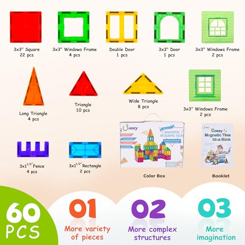cossy 60 Pcs Magnet Tiles Magnetic 3D Building Blocks Set Educational Construction Toys for 3+ Year Kids with Stronger Magnets, Rivets-Fastened, Educational,Recreational, Conventional - size: 60 Pieces