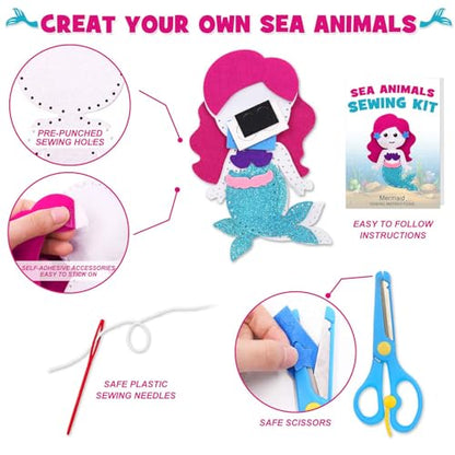 CiyvoLyeen Sea Animals Sewing Kit Mermaid DIY Felt Plush Craft Kit Make Your Own Ocean Animals Gifts for Beginner Boys and Girls Educational Kids Art Craft Supplies Set of 12 - color: Ocean-12 Pcs
