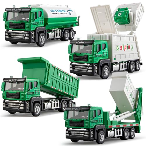 4 Packs Die-cast Mini Garbage Truck Toy, Metal Trash Truck Vehicles Set for Kids, Friction Powered Recycling, Tankers, Alloy Dump Model Toy for Toddlers Boys - style: Garbage Trucks Set