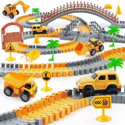 Construction Race Car Track Set for Kids - Flexible Engineering Toys with 2 Electric Cars, Birthday Gift for 3 4 5 6 7 Year Old Boys, DIY Road Games Playset with 220+ PCS - color: Construction Race Track Set