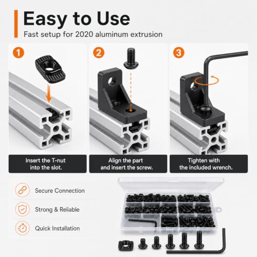 252PCS M5 T Nuts and T-Slot Bolts Extrusion Accessories Kitwith M5(8-20mm) Hexagon Socket Screws, T Nut and AllenWrench Compatible with 2020 Series Aluminum Extrusion