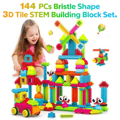 Contixo 144 pcs Bristle Shape 3D STEM Building Toys, Construction Learning Stacking Educational Block, Creativity Beyond Imagination, Inspirational, Safe & Durable, Recreational Toy for Kids Ages 3-8 - style: STEM-144pcs