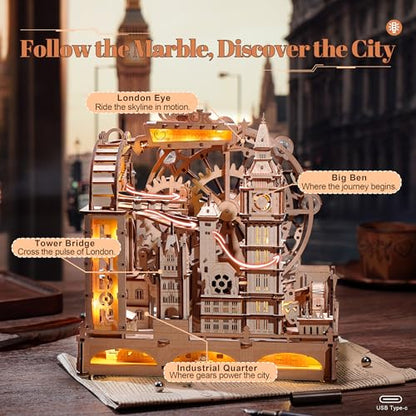ROBOTIME Wooden Town Marble Run - 3D Wooden Puzzles for Adults EGB01 Night City Marble Run Kit - Wooden Puzzle Models for Adults to Build - Space/STEM/Engineering Gift