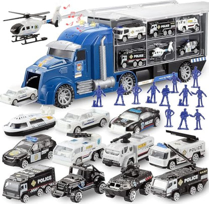 JOYIN 25 in 1 Police Rescue Truck Car Toy Set with Sounds and Lights, Mini Vehicles in Carrier Truck, Play Police Patrol Rescue Vehicle Toy, Birthday Gifts for Over 3 Years Old Boys - style: Police Truck