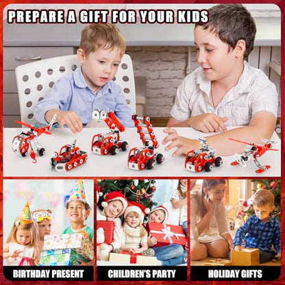 Building Fire Truck Set For Boys Age 8-12，Stem Assembly Metal 3-d Puzzle Fire Engine Model Car Building Kit Construction Toys，Parent-Child Interaction Gifts Erector Sets For Kids 8-16 Red（303pcs）