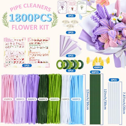 Anyeve 1800 PCS Pipe Cleaners Craft, Pipe Cleaner Flower Kit in 7 Colors, Chenille Stems Bouquets, Fluffy Pipe Cleaners, Ribbons and Flower Paper, Instructions for Easy Operation, DIY Enthusiasts - color: 1800PCS-7 Color
