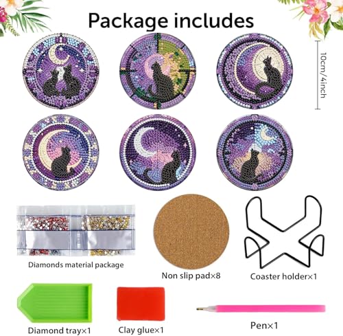 Diamond Art Coasters Kit, 6 Pieces Cat Diamond Painting Coasters Kit - color: Black Cat