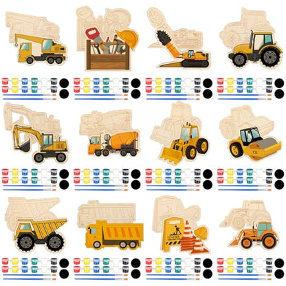 JellyArch 24 Pcs Construction Painting Kits Unfinished Wood Construction Trucks Cutouts DIY Wooden Painting Bulk Crafts Cutouts Refrigerator Magnets for Home Decor Gift - style: Construction Vehicles